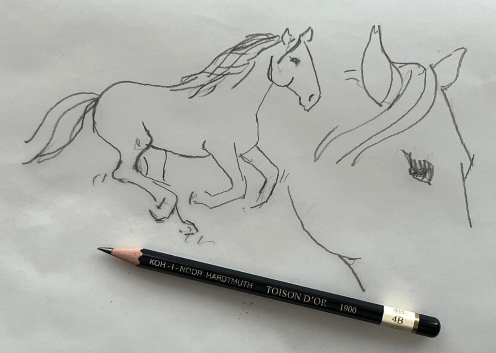 Blyanttegning av ein hest som spring og ein detalj av hestehovudet. Illustrasjon.