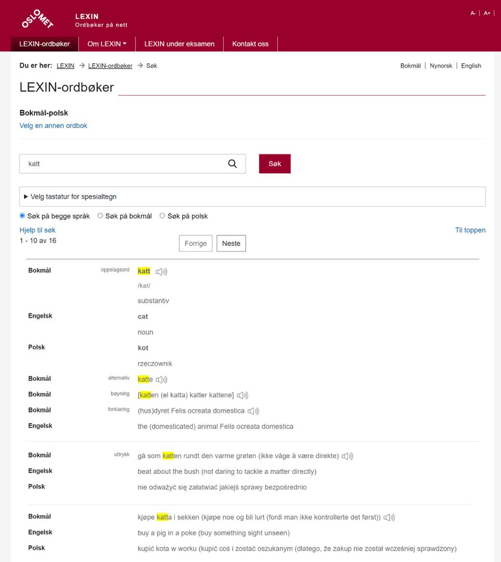 Bilde fra ordboka "LEXIN" med ordet "katt" på bokmål og polsk. Det er både oversettelse og eksempler på bruken av ordet. Skjermbilde.