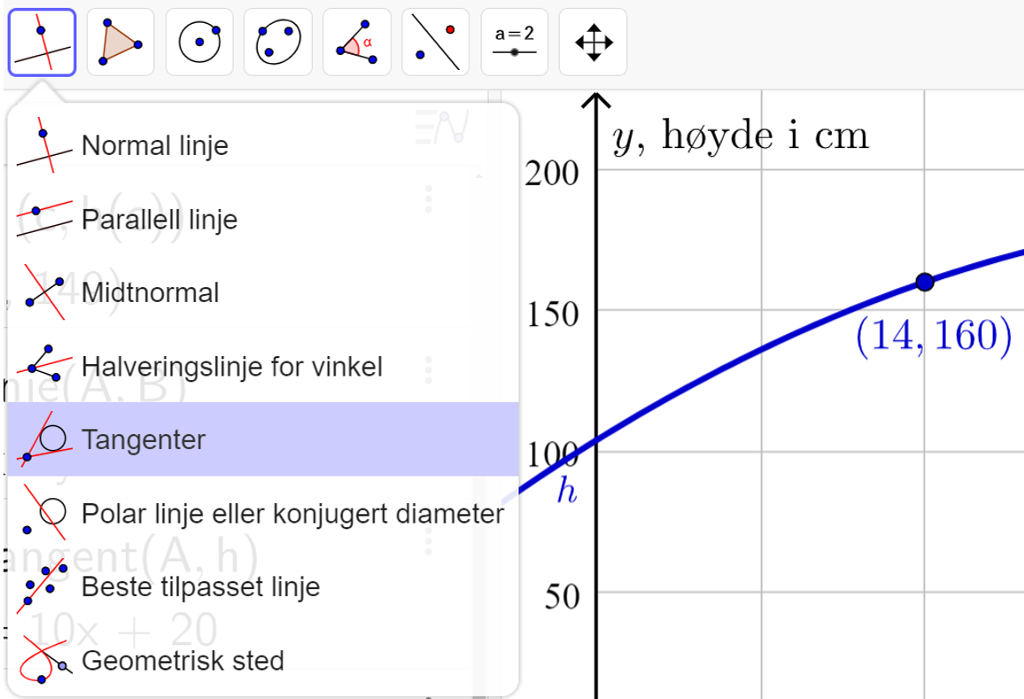 Skjermutklipp fra GeoGebra som viser at verktøyet "Tangenter" ligger som femte valg under knappen for verktøyet "Normal linje".