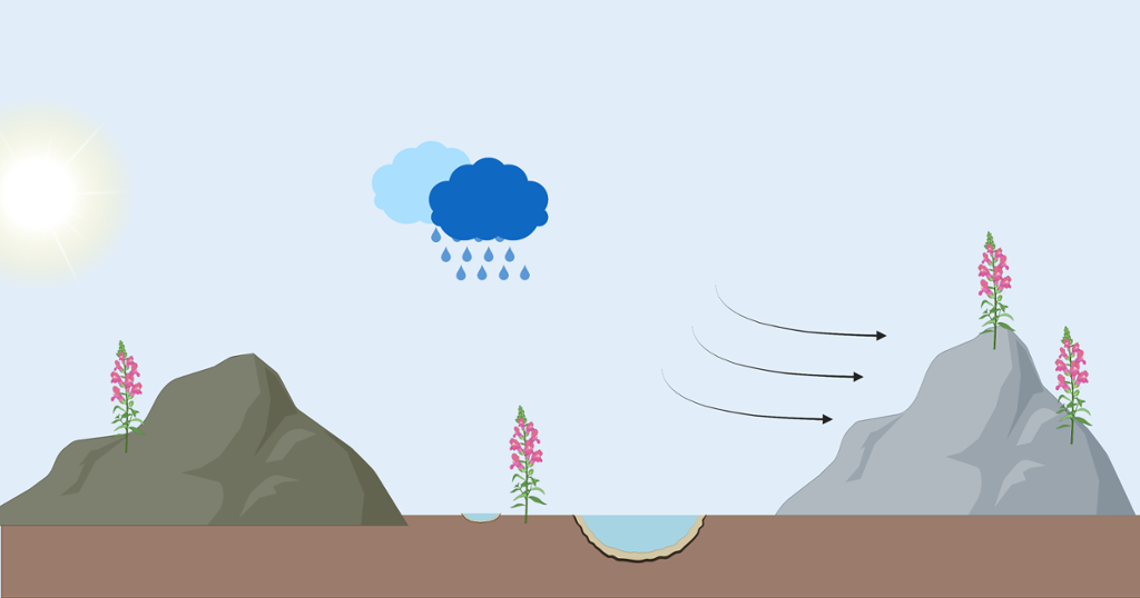 Tverrsnitt av landskap med en slette, to fjell og ei elv mellom dem. Ei sol, en regnsky og piler symboliserer vær. Illustrasjon.