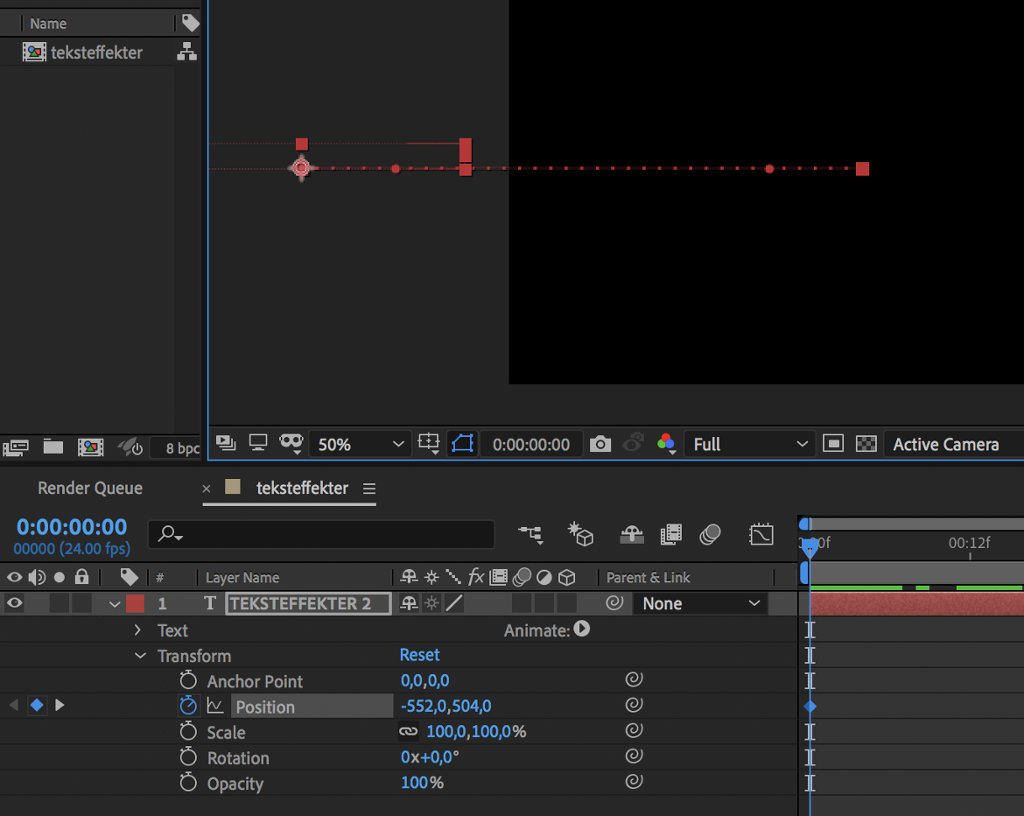 Arbeidsvindu i After Effects. Teksten som ligger på arbeidsvinduet, er flyttet ut til høyre og ut av scenen. Skjermutklipp.