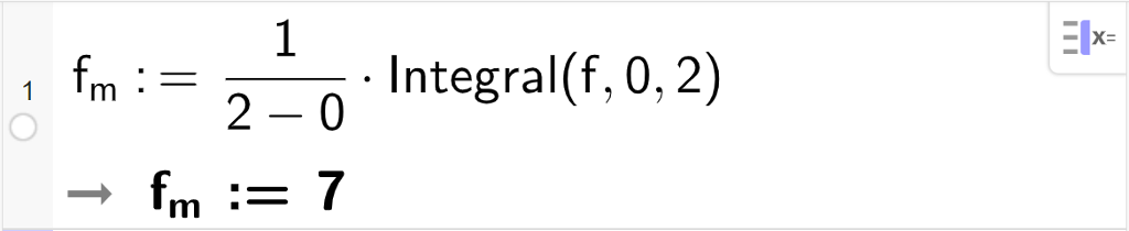 CAS-utregning med GeoGebra. På linje 1 er det skrevet f m kolon er lik 1 delt på parentes 2 minus 0 parentes slutt multiplisert med Integral parentes f komma, 0 komma, 2 parentes slutt. Svaret er f m kolon er lik 7. Skjermutklipp.