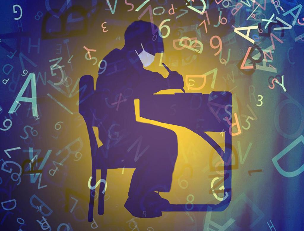Illustration: Person at desk wearing a mask. They are writing. Letters flow all around him. 