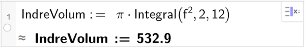 CAS-vinduet i GeoGebra, ei linje. Beregning av indre volum. Det står IndreVolum kolon er lik pi ganger integral parentes f opphøyd i andre komma 2 komma 12 parentes slutt. Tilnærmet svar er IndreVolum kolon er lik 532,9. Skjermutklipp.