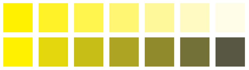 To rader med kvadrat som viser gulfargar i ulike nyansar. Øvste rad viser kvadrat frå rein gul til ein lys gulkvit. Nedste rad viser kvadrat farga frå rein gul til ein mørk, grønleg gul. Illustrasjon.