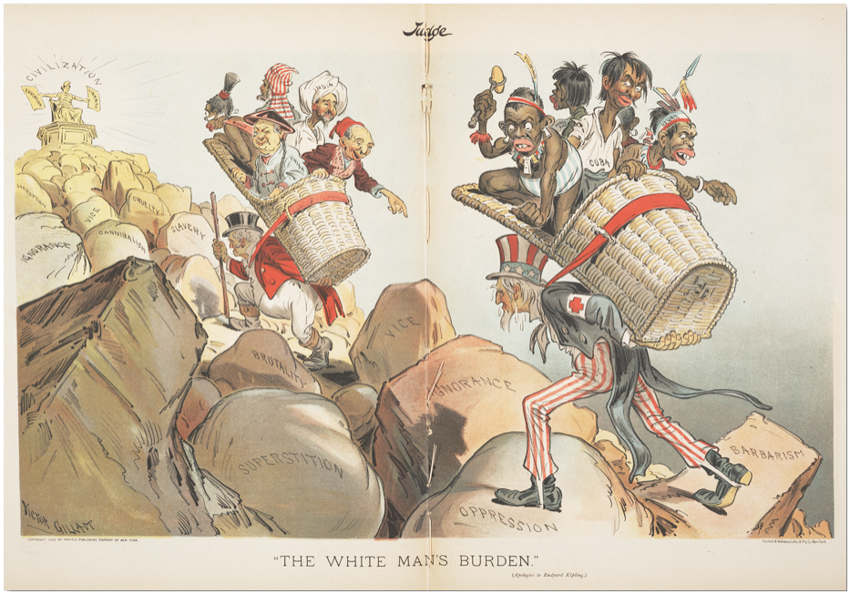 Cartoon: We see Uncle Sam (the United States) and John Bull (The United Kingdom) carrying baskets of people who are caricatures of different ethnicities up a hillside covered in rocks. The rocks have writing on them 'barbarism', 'oppression', 'ignorance', 'vice' and more. At the top is a go
