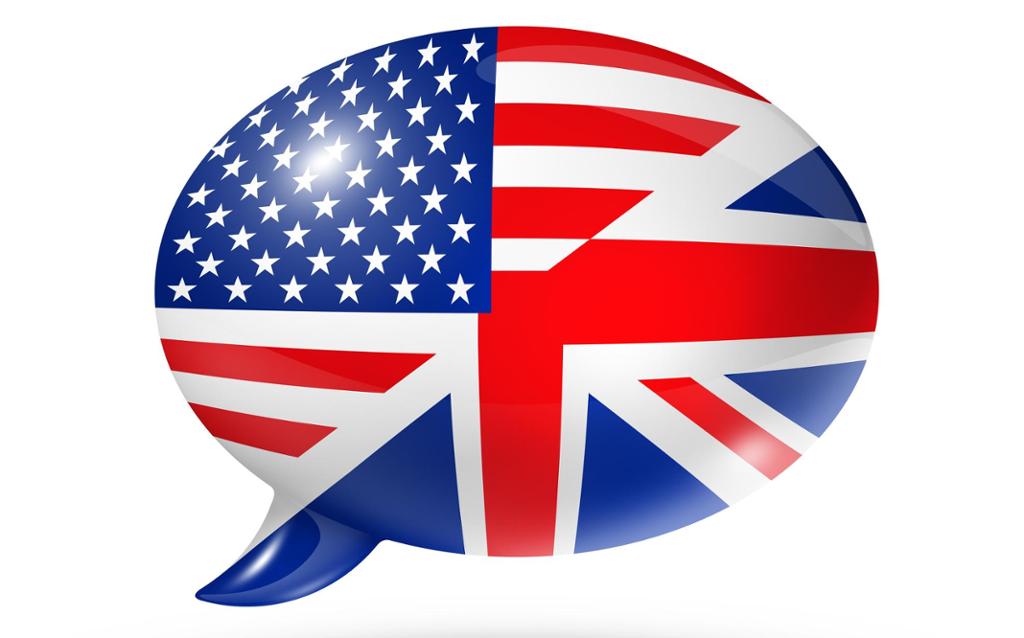A speech bubble filled with the British and the American flag. 