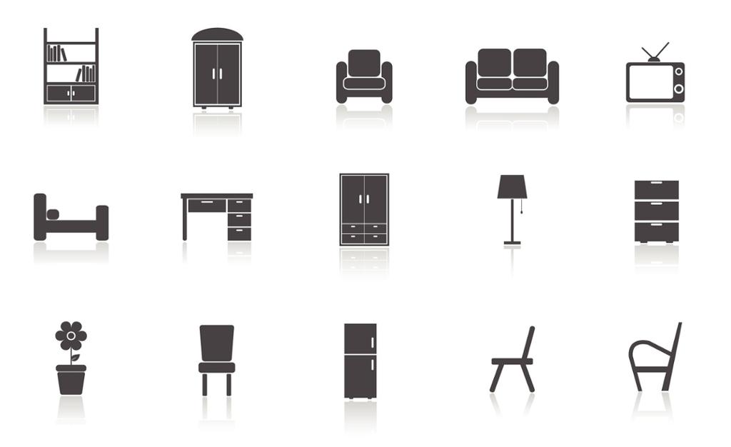 Svart-hvitt-ikoner av ulike møbler. Illustrasjon.