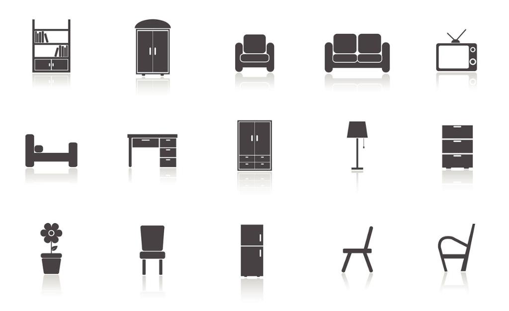 Svart-kvitt-ikon av ulike møblar. Illustrasjon.