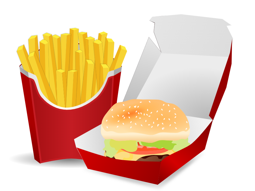 Hamburgermeny med pommes frites og hamburger plassert i hver sin røde eske. Illustrasjon. 