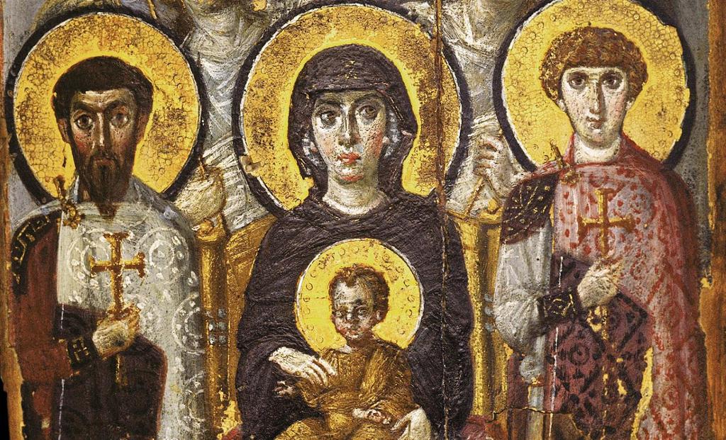 Eit ikon som viser Madonna med Jesusbarnet på fanget. Ved sida av henne står to helgenar, og bak henne står to englar. Måleri.
