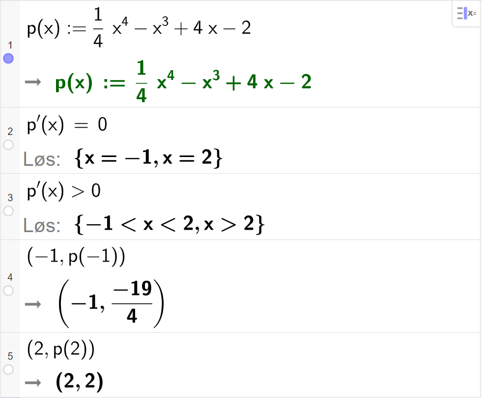 CAS-utregning med GeoGebra. På linje 1 er det skrevet p av x kolon er lik en firedels x i fjerde minus x i tredje pluss 4 x minus 2. Svaret er det samme. På linje 2 er det skrevet p derivert av x er lik 0. Svaret med "Løs" er x er lik minus 1 eller x er lik 2. På linje 3 er det skrevet p derivert av x større enn 0. Svaret med "Løs" er minus 1 mindre enn x mindre enn 2 eller x større enn 2. På linje 4 er det skrevet parentes minus 1 komma, p av minus 1 parentes slutt. Svaret er parentes minus 1 komma, minus 19 firedeler parentes slutt. På linje 5 er det skrevet parentes 2 komma, p av 2 parentes slutt. Svaret er parentes 2 komma, 2 parentes slutt. Skjermutklipp.