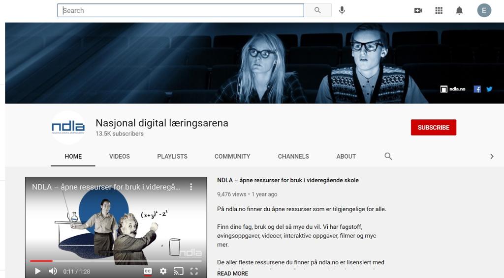 Startside for NDLA på YouTube, med forsidebanner med to personer, en videorute nede til venstre og tekst nede til høyre. Skjermbilde.
