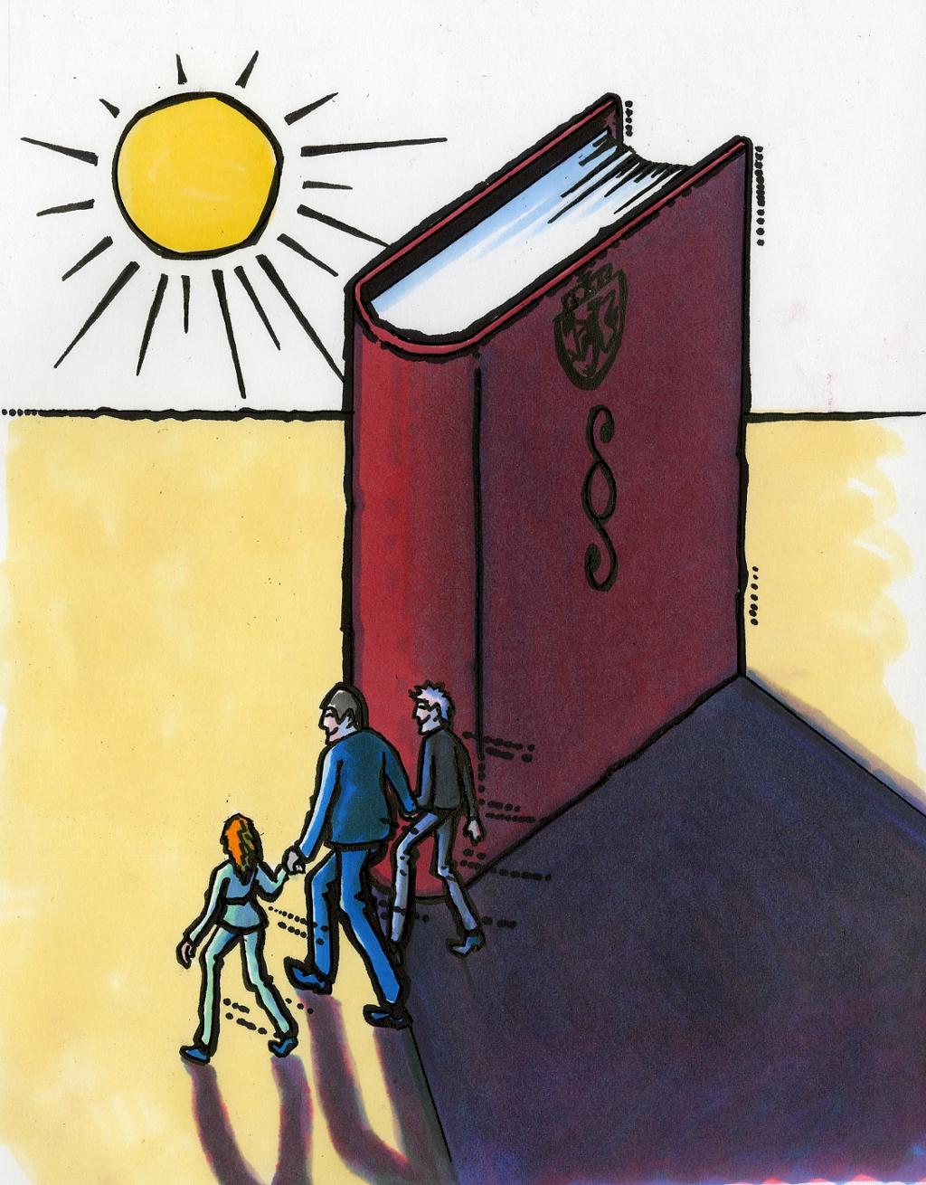 Tegning av ei stor bok som illustrer Norges lover og lager stor skygge. Tre mennesker som holder hender, går forbi boka og fram i sola. 