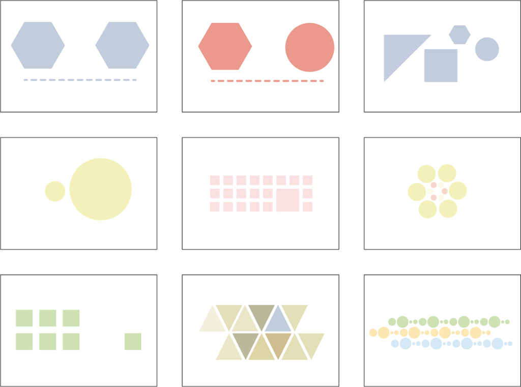 Samanstillingar av geometriske figurar slik det er forklart i biletteksten. Illustrasjon.