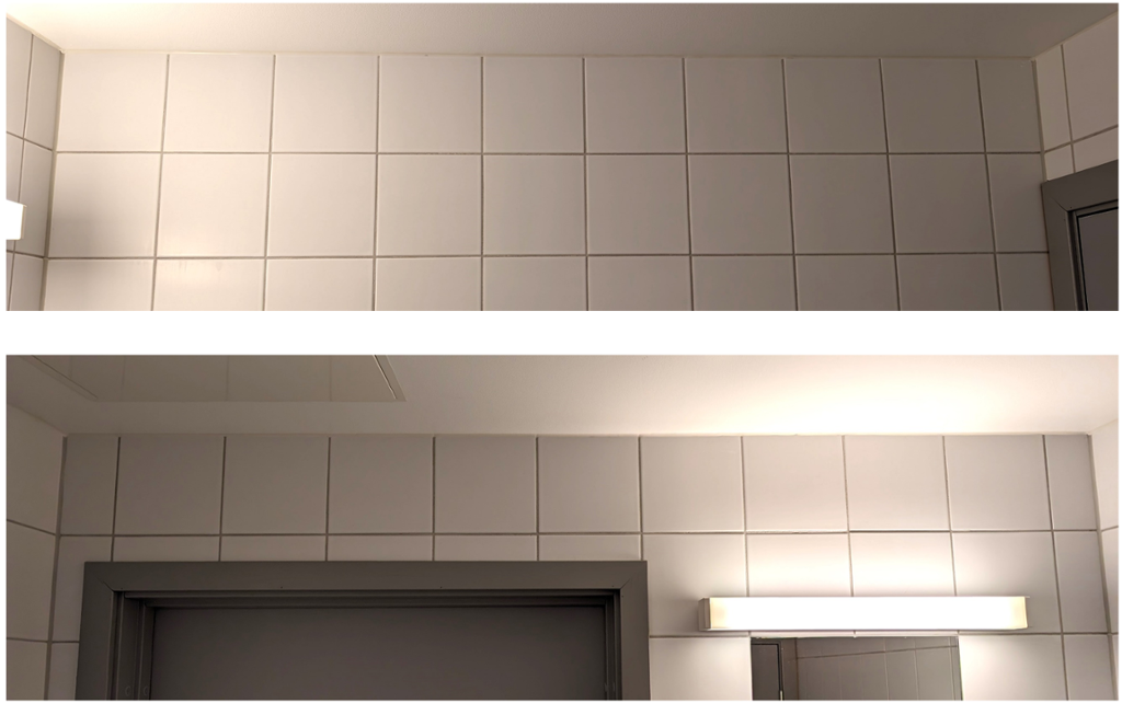 To fotografi over kvarandre som viser to av veggene i eit toalettrom. På det øvste fotoet er startflisa i den venstre enden av veggen heil, mens sluttflisa er omtrent halv. På det nedste fotoet er både start- og sluttflisa omtrent halvparten eller litt mindre av ei heil flis. Foto.