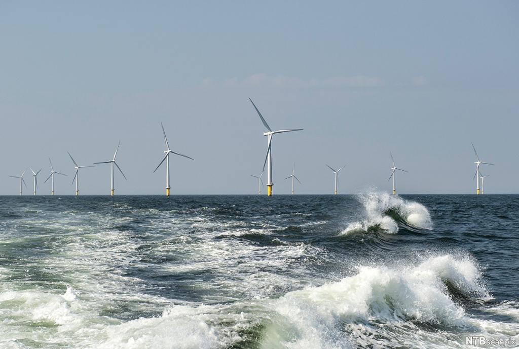 Mange vindturbiner står ute i havet. Sjøsprøyt vises framme i bildet. Foto.