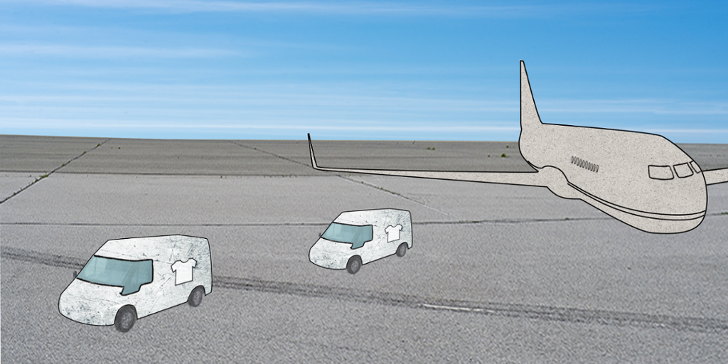 To kassebilar og fly på flyplass. Illustrasjon.