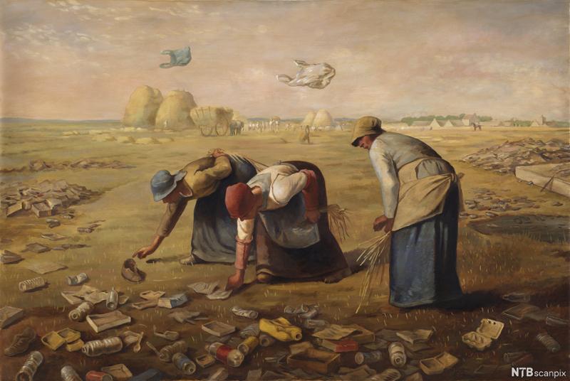 Tre eldre damer i gammel klesdrakt bøyer seg for å plukke opp søppel fra bakken. Maleri.