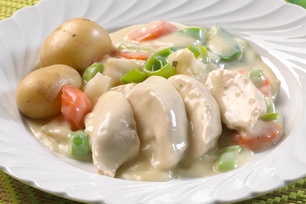 Tallerken med kyllingbitar, grønsaker og potetar med lys saus. Foto.