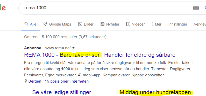 Google-søk med annonse for Rema 1000. Skjermdump.