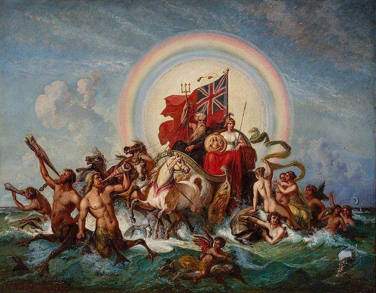 Painting: We see a horse-drawn chariot in the ocean. It is surrounded by strange centaur like men with wading feet and fish tails blowing horns, a cherub riding a dolphin, naked and almost naked women sitting on a large fish. In the carriage is Britannia and Neptune. Behind them is a red flag with the British flag in one corner. The sky is blue with white clouds and there is a sun surrounded by a rainbow. 