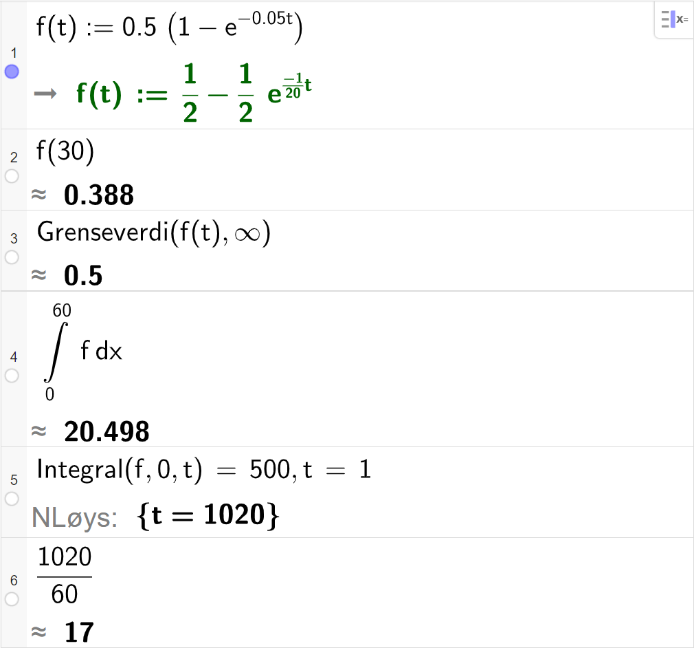 CAS-vindauget i GeoGebra. På linje 1 er det skrive f av t kolon er lik 0,5 multiplisert med parentes 1 minus e opphøgd i minus 0,05 t. Svaret er det same. På linje 2 er det skrive f av 30. Svaret med tilnærming er 0,388. På linje 3 er det skrive Grenseverdi parentes f av t komma, uendeleg parentes slutt. Svaret med tilnærming er 0,5. På linje 4 er det skrive Integral parentes f komma, 0 komma, 60 parentes slutt. Svaret med tilnærming er 20,498. På linje 5 er det skrive Integral parentes f komma, 0 komma, t parentes slutt er lik 500. Svaret med "N Løys" er t er lik 1020. På linje 6 er det skrive 1020 delt på 60. Svaret med tilnærming er 17. Skjermutklipp.