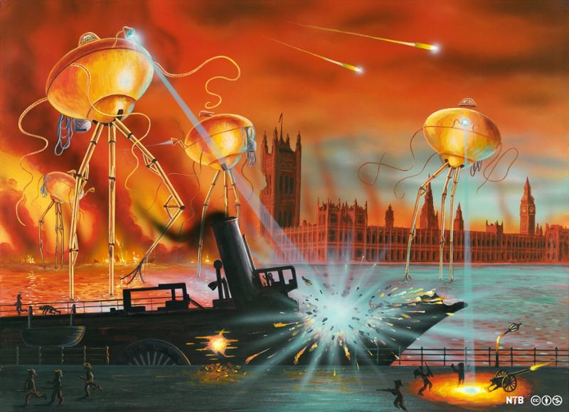 Machines on legs shoot light rays at a ship which explodes. In the background we see the Houses of Parliament in London. 