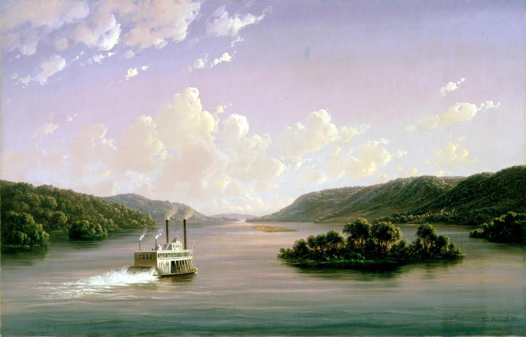 Painting: We see a light blue and pink sky with white clouds, a green landscape with a large river, a paddle boat and a small island. View on the Mississippi by Ferdinand Richardt, 1858