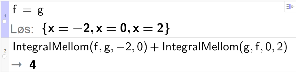 Beregning i CAS, to linjer. I linje 1 står det f er lik g. Svaret med Løs er x er lik minus 2, x er lik 0 og x er lik 2. I linje 2 står det IntegralMellom parentes f komma g komma minus 2 komma 0 parentes slutt pluss IntegralMellom parentes g komma f komma 0 komma 2. Resultatet er 4. Skjermutklipp.