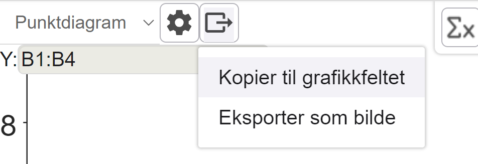 Utklipp fra regresjonsanalyseverktøyet i GeoGebra. Bildet viser menyen med to valg: valget Kopier til grafikkfeltet og valget Eksporter som bilde. Skjermutklipp.