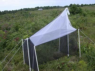 Nettingformet telt festet med barduner til bakken i naturområde. Foto.
