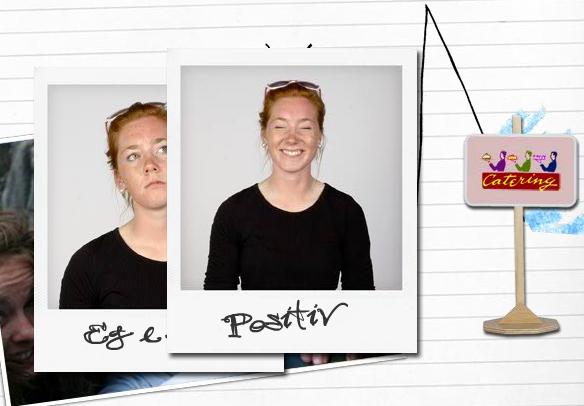 Ei jente som viser ulike egenskaper ved hjelp av ansiktsuttrykk, som for eksempel det å være positiv. Collage.