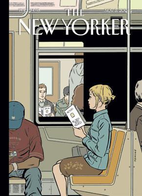 The cover of the New Yorker Magazine showing a girl reading on a train