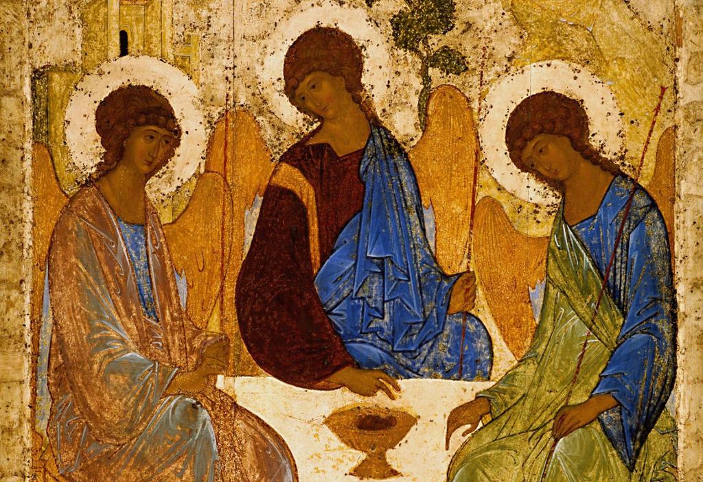 Maleri av tre engler som sitter rundt et bord. 