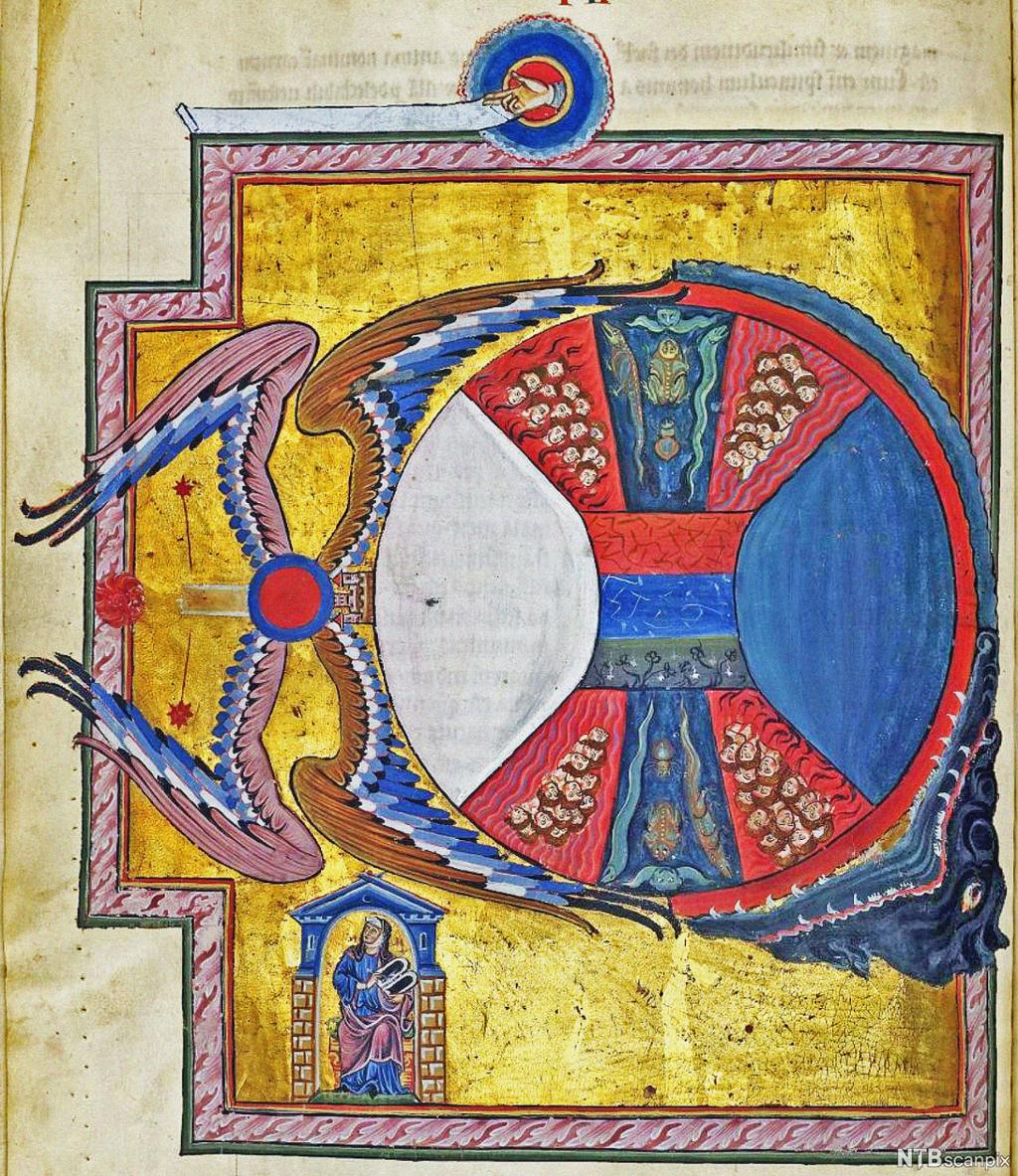 Maleri av sirkel omsluttet av vinger og et gapende monster, fylt med ulike symboler. Under sirkelen sitter en nonne i et hus. 
