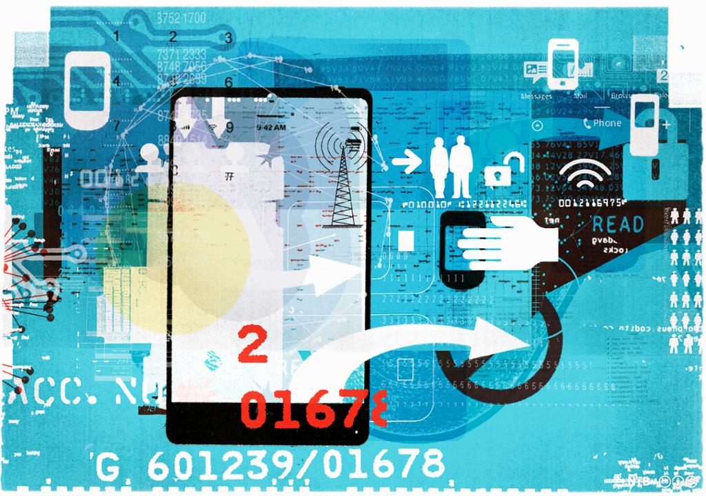 Ulike ikoner og illustrasjoner av mobiltelefoner, folk, nettverk, koder og digitale kretser er klipt sammen i en kollasj på blå bakgrunn. Illustrasjon.