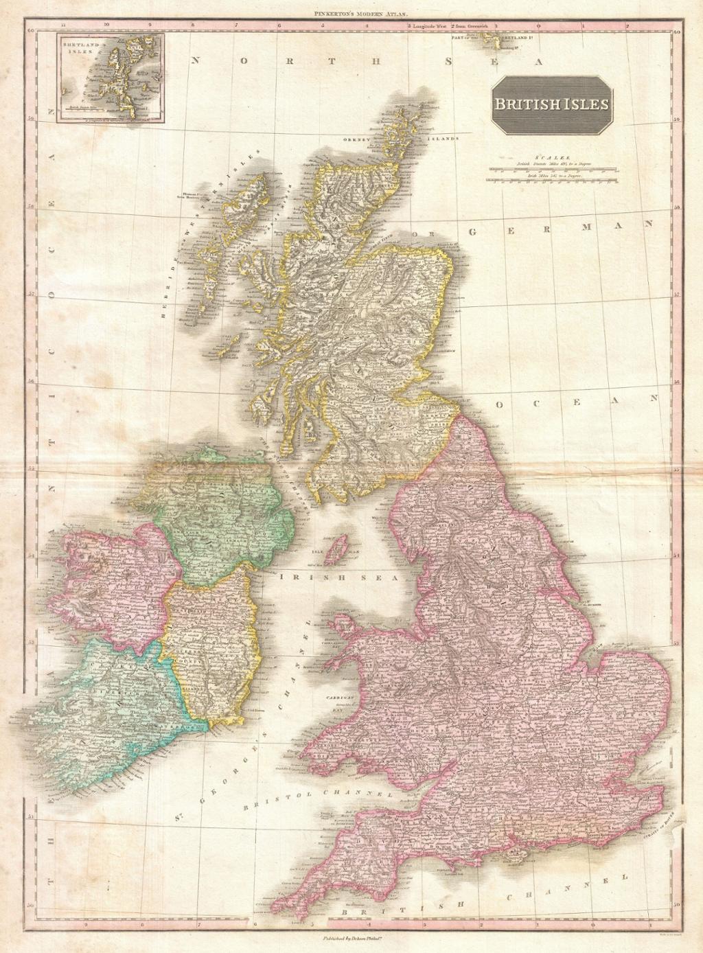 Old, hand-drawn, and very detailed map of the British Isles. It shows Scotland, England, Wales and Ireland, all in different colours.   