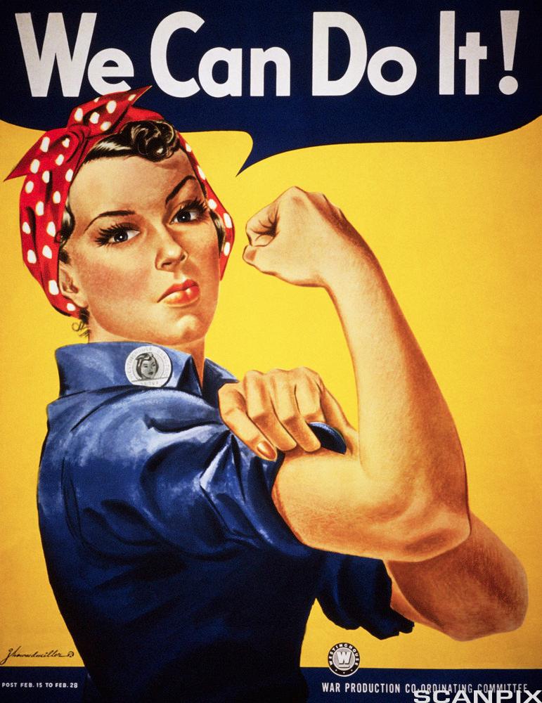 Dame løfter knytteneven og har ei snakkeboble med  "We Can Do It!". Reklameplakat.