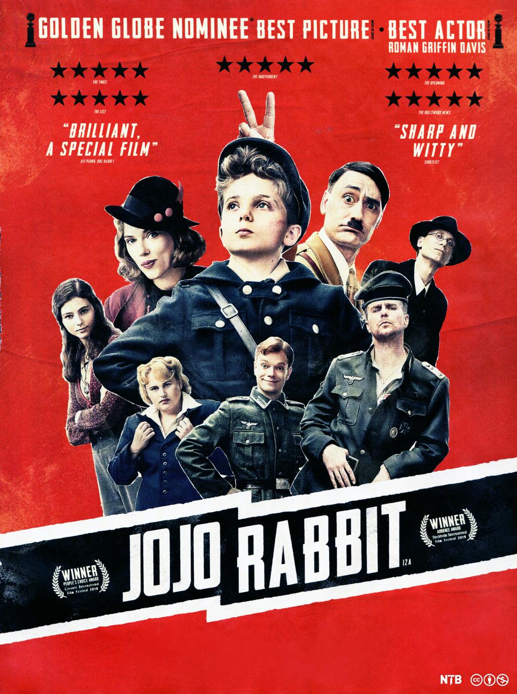 We see a film poster for the film Jo Jo Rabbit. At the centre is a boy in uniform. He is encircled by other characters from the film. The poster also includes positive blurbs about the film, awards won, and star ratings. 
