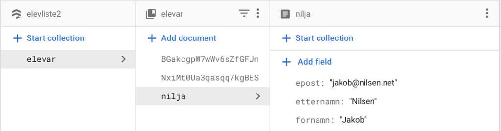 Database i Cloud Firestore. Tre felt: eit med overskrifta "elevliste", eit med overskrifta "elevar", der brukarnamnet nilja ligg, og eit med overskrifta "nilja" der ein får opp namnet og e-posten til eleven Jakob Nilsen. Skjermbilete.