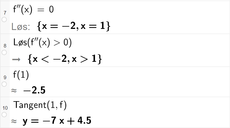 CAS-utregning med GeoGebra. På linje 7 er det skrevet f dobbeltderivert av x er lik 0. Svaret med "Løs" er x er lik minus 2 eller x er lik 1. På linje 8 er det skrevet "Løs" parentes f dobbeltderivert av x større enn 0 parentes slutt. Svaret er x mindre enn minus 2 eller x større enn 1. På linje 9 er det skrevet f av 1. Svaret med tilnærming er minus 2,5. På linje 10 er det skrevet "Tangent" parentes 1 komma, f parentes slutt. Svaret med tilnærming er y er lik minus 7 x pluss 4,5. Skjermutklipp.