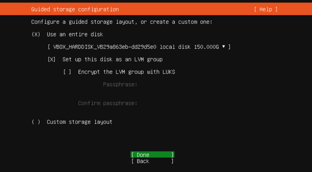Tekstbeskrivelser og radioknapper for å velge oppsett. Skjermbilde fra Ubuntu Server 20.04.
