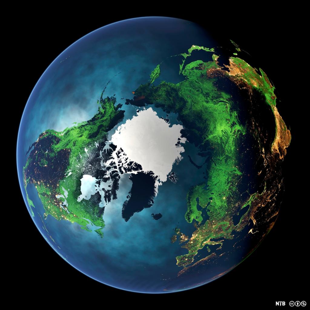 Den nordlige halvkula sett fra over Nordpolen. Foto.