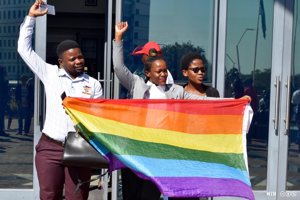 Photo: Three people holding a pride flag. Two of them have one of their arms raised with clenched fist. 