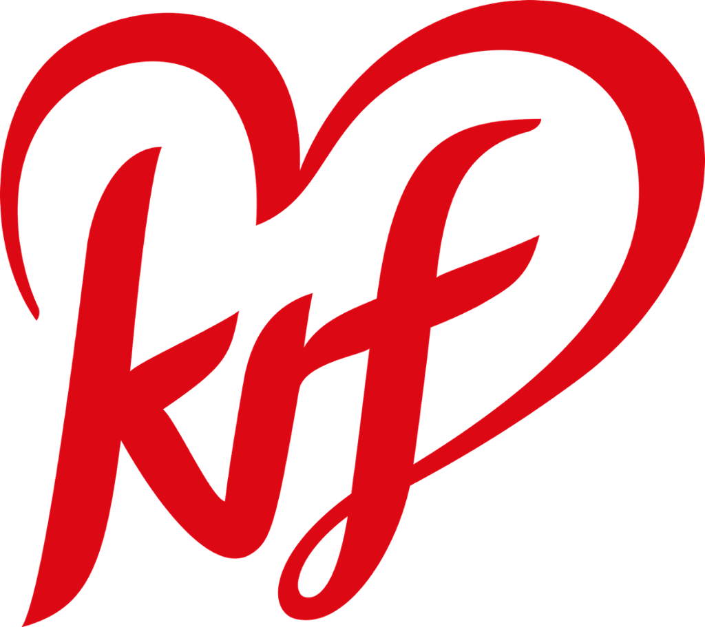 Kristelig folkeparti sin logo. KrF i rød løkkeskrift på hvit bakgrunn, der enden på f-en er dratt ut og rammer inn logoen med et hjerte. Illustrasjon.