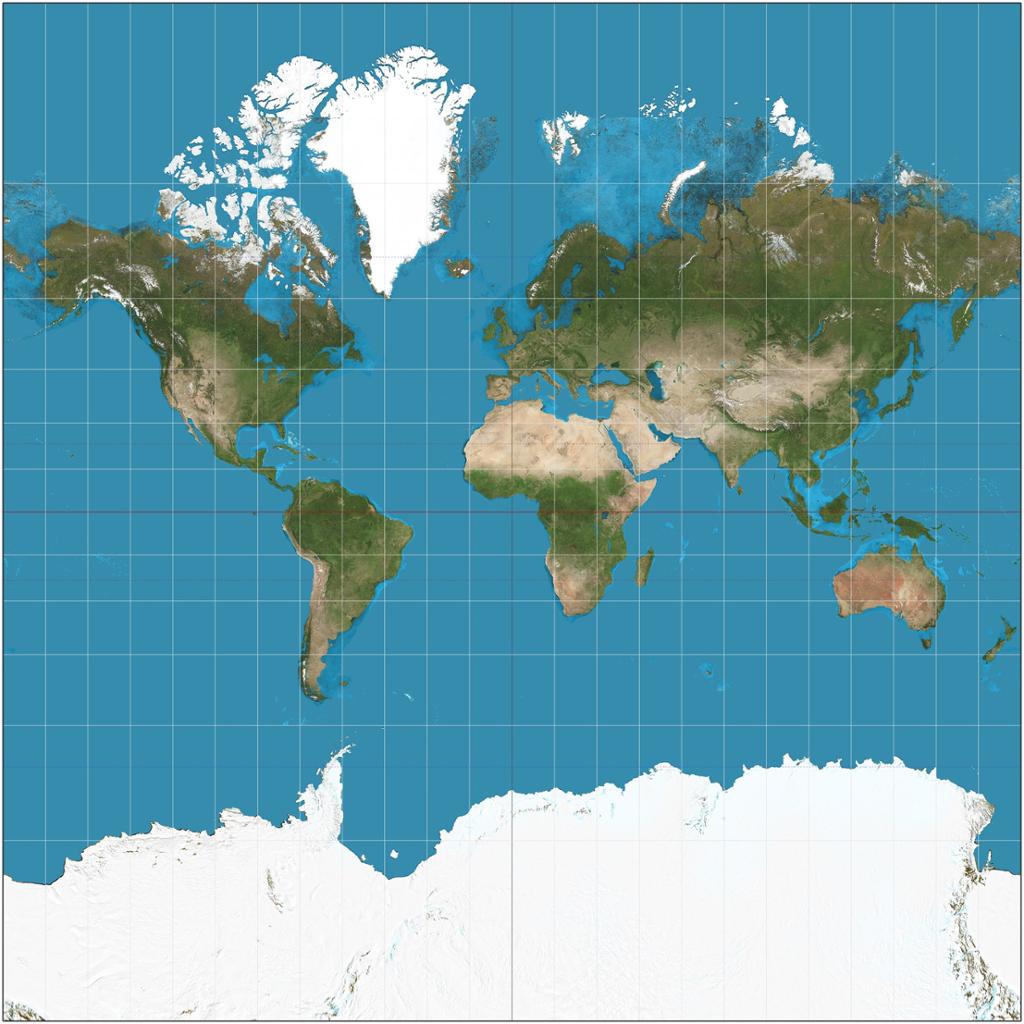 Map: We see a world map where Greenland is very big, and Australia quite small.