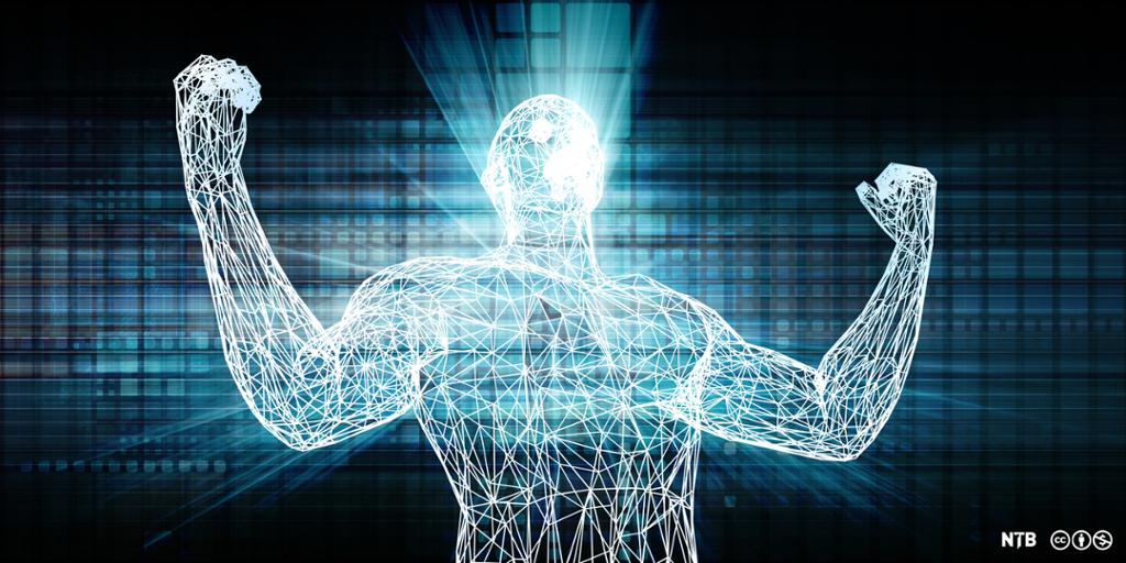 Illustrasjon av en digitalt tegnet, lysende menneskeskikkelse som viser muskler foran en mørk bakgrunn.