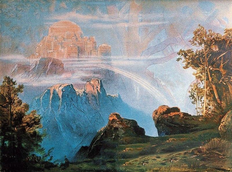 Maleri som forestiller Åsgard, gudenes bolig i det fjerne. Perspektivet er fra Midgard, menneskenes hjem. Bifrost, himmelbrua går mellom de to.