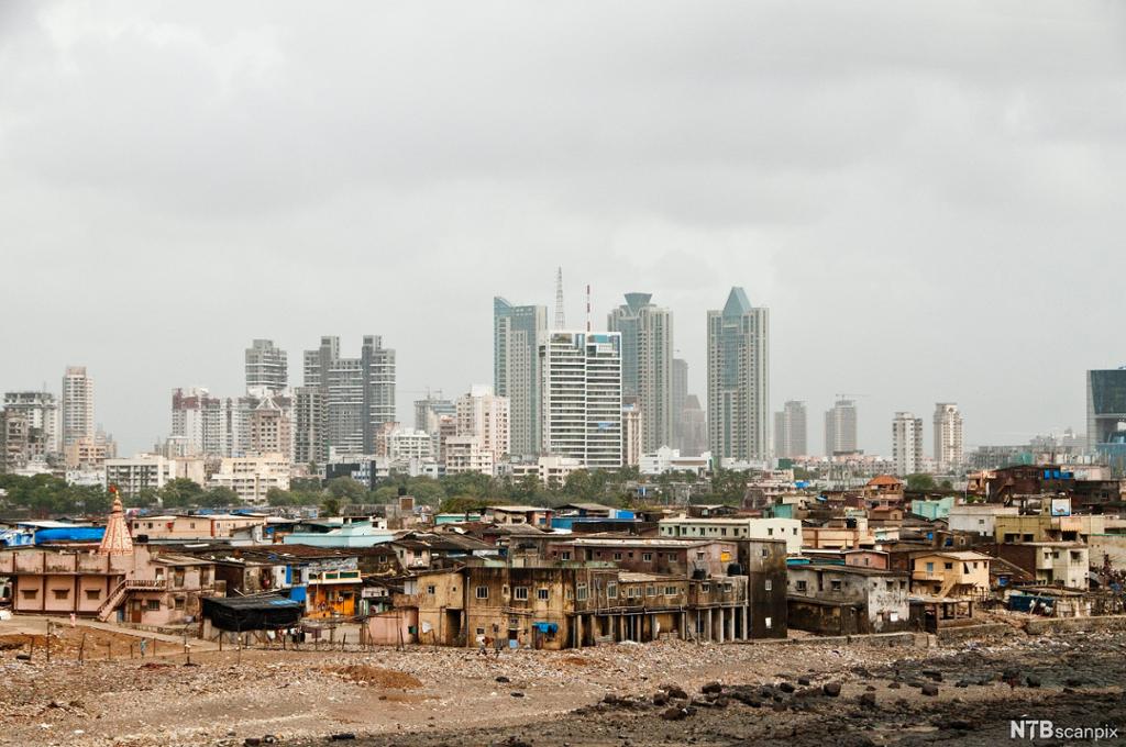 Kontrastar mellom bydelar i Mumbai, India. I forgrunnen er forfalne hus. I bakgrunnen er høge, moderne skyskraparar. Foto.